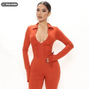 Fashion Nova Orange Long Sleeve V-neck Jumpsuit
